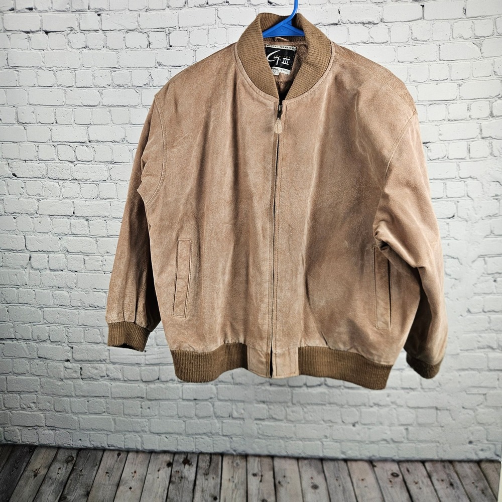Global Identity G-III Mens Tan Suede Leather Bomber Jacket Size Large RN 54163